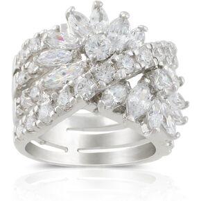 Rhodium Plated Marquise Cubic Zirconia Floral Cocktail Wide Band Ring