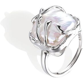 Open Resizable lrregular Pearl Ladies Silver Ring, Baroque Pearl Ring 925 Sterling Silver Ring, Fashion Statement Ring Suitable or Woman Girl's Daily Birthday Anniversary Valentine's Day Gift… in Kuwait