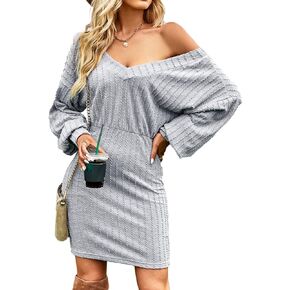 Nuofengkudu Women's Sexy V Neck Bat Sleeve Bodycon Dresses Midi Knitted Sweater Dresses