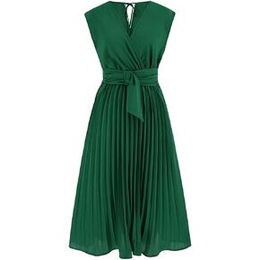 CHICWISH Women's Orange/Green/Black Sash Adorned Pleated Wrap Sleeveless Dress