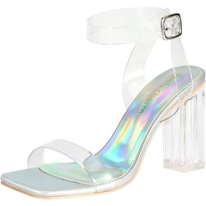 Heels Charm Women's Clear Chunky Block Heeled Sandals 3.74 Inches Open Toe Ankle Strap Block High Heel Sandal Dress Dancing Sandals Daily Work Party Shoes