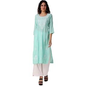 ladyline Womens Raw Silk Tunic Top Lakhnavi Embroidered  Round Neck Kurti Kurta Dress (SEK TWR840)