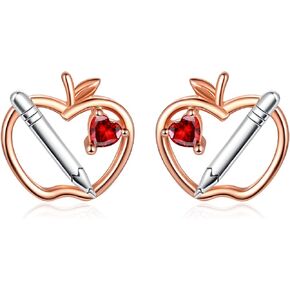 Teacher Apple Appreciation Earrings for Women - Sterling Silver Apple Pencil Stud Earrings with CZ Thank You Teacher Appreciation Week Jewelry Gifts for Teachers