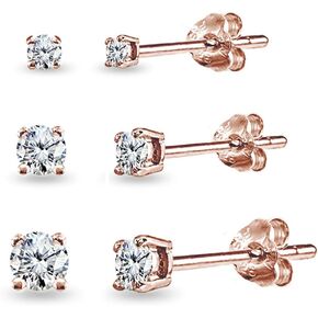 5 Pair Set Rose Gold Flashed Sterling Silver Cubic Zirconia Round Stud Earrings, Choice of Sets
