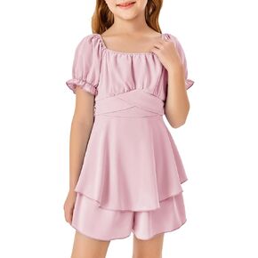 Haloumoning Girls Summer Rompers Puff Short Sleeve Square Neck Back Smocked Flowy Layered Cute Shorts Jumpsuit