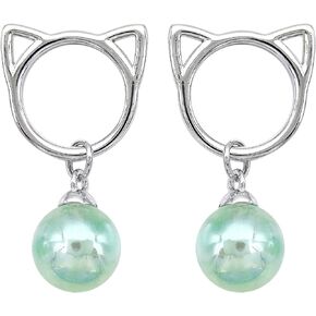 925 Sterling Silver White Gold Plated Fashion Cat Head Bell Ear Stud Earrings