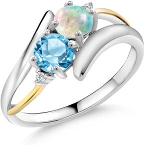 925 Sterling Silver and 10K Yellow Gold Round Cabochon White Simulated Opal Swiss Blue Topaz and Lab Grown Diamond Women Ring (1.17 Cttw, Gemstone Birthstone, Available In Size 5, 6, 7, 8, 9)