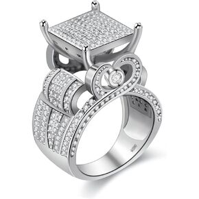 Charm Huge Square Platinum Plated White Cubic Zirconia CZ Promise Rings for Her, Wide Wedding Engagement Band Rings for Women Girls Gift RA0221-2D