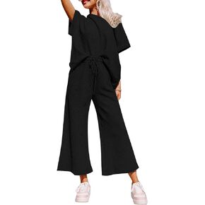 Lounge Sets for Women 2 Piece Outfits Knit Short Sleeve Pullover Tops and Wide Leg Pants Summer Lounge Sets 2024