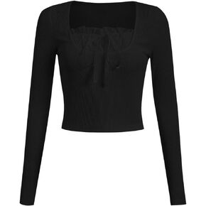 Floerns Women's Slim Fit Long Sleeve Square Neck Lace Trim Tie Knot T Shirt Top