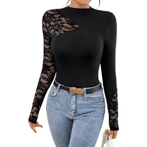 SweatyRocks Women's Long Sleeve Mock Neck Rib Knit Top Sheer Floral Lace Slim Fit Stretchy Tee Shirt