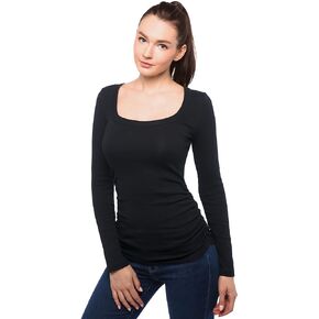 AmélieBoutik Women Cotton Blend Scoop Neck Long Sleeve Ruched Sides Top