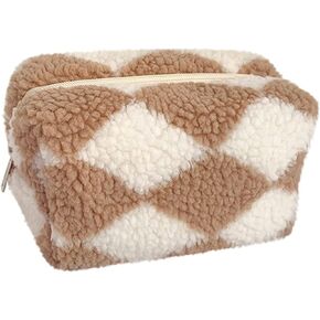 Checkered Makeup Bag, Checkered Plush Cosmetic Bag, Asthetic Plaid Handbags, Cute Zipper Large Travel Toiletry Bag, Soft Storage Pouch Pencil Case Fluffy Fuzzy Makeup Bag for Women Girls (Brown)