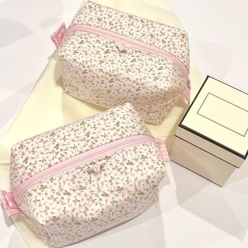حقيبة مكياج قطنية زهرية جمالية مع حقيبة صديقة للبيئة وعضوية للعناية بالبشرة أثناء السفر (وردي فاتح) in Kuwait