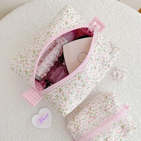 حقيبة مكياج قطنية زهرية جمالية مع حقيبة صديقة للبيئة وعضوية للعناية بالبشرة أثناء السفر (وردي فاتح) in Kuwait