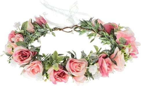 Funsveta الأزهار خوذة إكليل هالة الأمومة صورة تبادل لاطلاق النار زهرة تاج الأوكالبتوس ترك عقال غطاء الرأس الزفاف (ورقة خضراء والوردي) in Kuwait