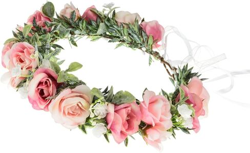 Funsveta الأزهار خوذة إكليل هالة الأمومة صورة تبادل لاطلاق النار زهرة تاج الأوكالبتوس ترك عقال غطاء الرأس الزفاف (ورقة خضراء والوردي) in Kuwait