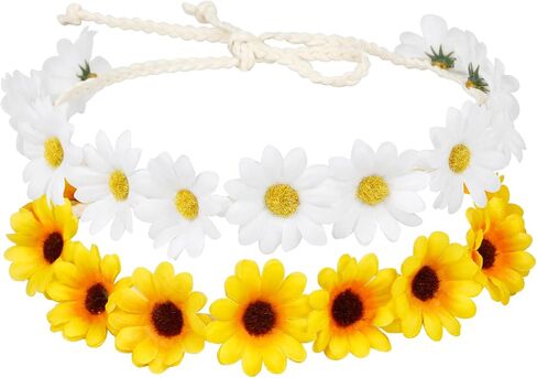WOVOWOVO 2 Packs Daisy Flower Crown Headbands For Women Baby Girl, Sunflower Hippie Hair Accessories Fall Floral Crowns Hair Bands Handmade Bridal Headpiece Photo Props Party Vacation (White) in Saudi Arabia