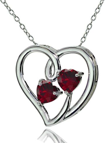 Sterling Silver Double Open Genuine and Created Gemstone Heart Necklace, Available in 5 Colors in Saudi Arabia