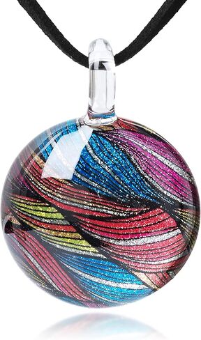 CHUVORA Hand Blown Glass Multi-Colored Abstract Art Wave Stripe Round Pendant Necklace, 17-19 inches in Kuwait