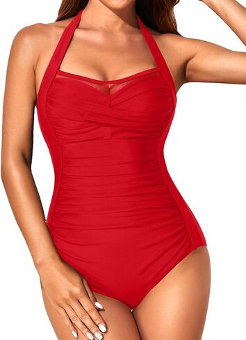 Aqua Eve Women Tummy Control Bathing Suits Halter One Piece Swinsuits Ruched Mesh Vintage Swimwear in Saudi Arabia