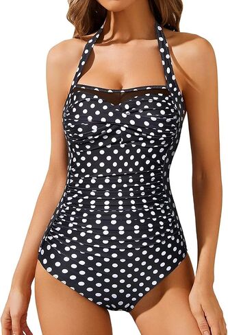 Aqua Eve Women Tummy Control Bathing Suits Halter One Piece Swinsuits Ruched Mesh Vintage Swimwear in Saudi Arabia