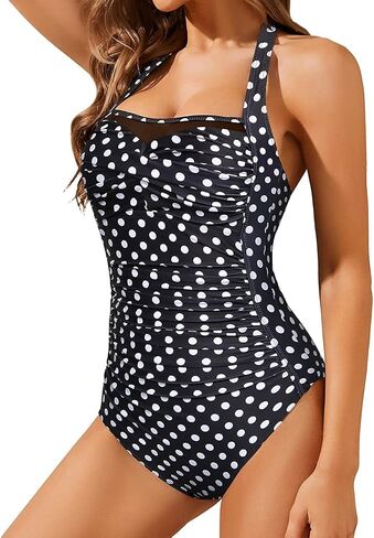 Aqua Eve Women Tummy Control Bathing Suits Halter One Piece Swinsuits Ruched Mesh Vintage Swimwear in Saudi Arabia