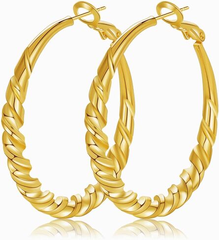 PRETOLE Chunky Gold Hoop Earrings Sterling Silver Post Howllow Textured Circle 14k Gold Plated Earrings Hypoallergenic Lightweight Twisted Big Thick Gold Hoops Earrings for Women in Kuwait