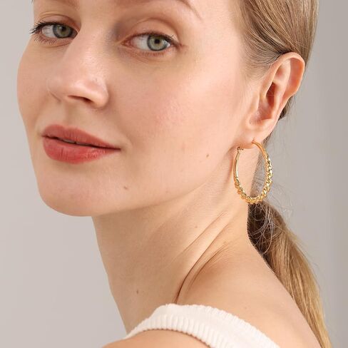 PRETOLE Chunky Gold Hoop Earrings Sterling Silver Post Howllow Textured Circle 14k Gold Plated Earrings Hypoallergenic Lightweight Twisted Big Thick Gold Hoops Earrings for Women in Kuwait