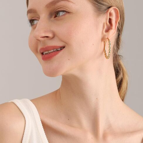 PRETOLE Chunky Gold Hoop Earrings Sterling Silver Post Howllow Textured Circle 14k Gold Plated Earrings Hypoallergenic Lightweight Twisted Big Thick Gold Hoops Earrings for Women in Kuwait