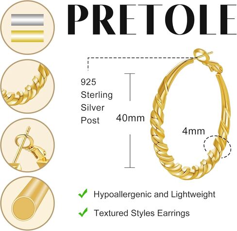 PRETOLE Chunky Gold Hoop Earrings Sterling Silver Post Howllow Textured Circle 14k Gold Plated Earrings Hypoallergenic Lightweight Twisted Big Thick Gold Hoops Earrings for Women in Kuwait