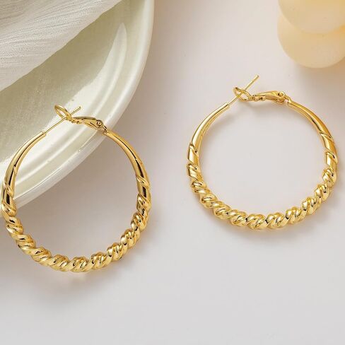 PRETOLE Chunky Gold Hoop Earrings Sterling Silver Post Howllow Textured Circle 14k Gold Plated Earrings Hypoallergenic Lightweight Twisted Big Thick Gold Hoops Earrings for Women in Kuwait