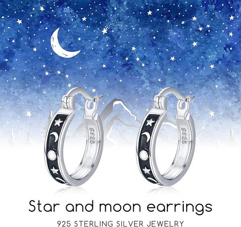 أقراط نجمة وقمر 925 فضة استرليني نجمة صغيرة هوب هاغي أقراط هيبوالرجينيك القمر صن ستار مجوهرات هدايا عيد الميلاد للنساء الفتيات، فضة الاسترليني, فضة استرلينية, فضة استرليني in Kuwait