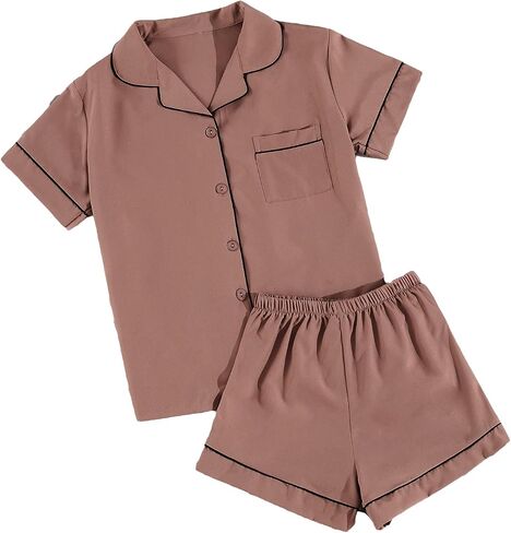 Floerns Women's 2 Piece Button Front Short Sleeve Top and Pajama Shorts Set in Saudi Arabia