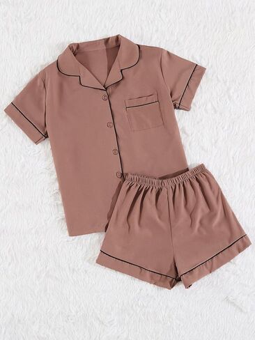 Floerns Women's 2 Piece Button Front Short Sleeve Top and Pajama Shorts Set in Saudi Arabia