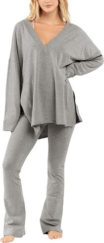 Womens 2Two Piece Outfit Oversized Workout Reversible Long Sleeve Top Flared Legging Lounge Set Tracksuit(LightGrey-L) in Saudi Arabia
