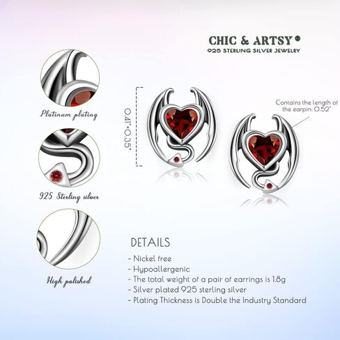 أقراط على شكل قلب من CHIC & ARTSY أقراط من الفضة الإسترليني عيار 925 أقراط مرصعة بالكريستال الأحمر للهالوين أقراط على شكل قلب أحمر للنساء in Kuwait