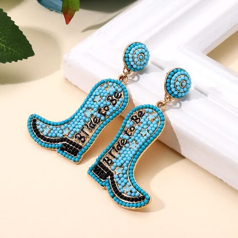 Bride Earrings Beaded Cowboy Boot Earrings for Women Dangling Fun Western Country Cowgirl Bride To Be Drop Dangle Earrings Bridal Wedding Gifts for Bachelorette Party in Saudi Arabia