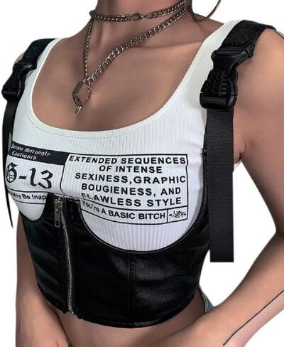 Women's PU Leather Bustier Crop Top Gothic Punk Buckle Tank Tops Camisole Corset for Club Party Festival Rave Outfit in Saudi Arabia