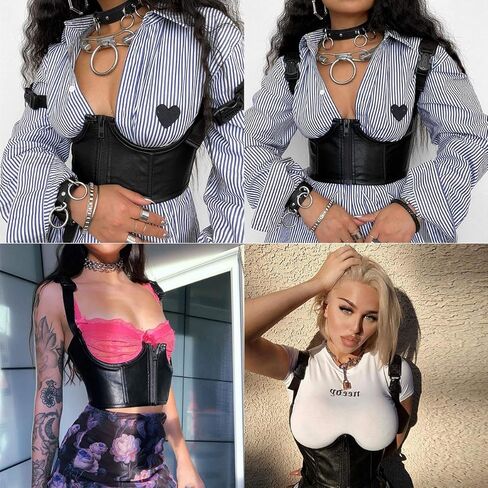 Women's PU Leather Bustier Crop Top Gothic Punk Buckle Tank Tops Camisole Corset for Club Party Festival Rave Outfit in Saudi Arabia
