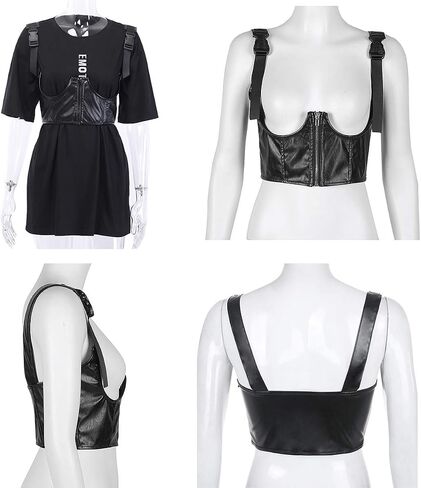 Women's PU Leather Bustier Crop Top Gothic Punk Buckle Tank Tops Camisole Corset for Club Party Festival Rave Outfit in Saudi Arabia
