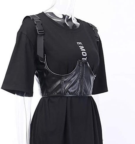 Women's PU Leather Bustier Crop Top Gothic Punk Buckle Tank Tops Camisole Corset for Club Party Festival Rave Outfit in Saudi Arabia
