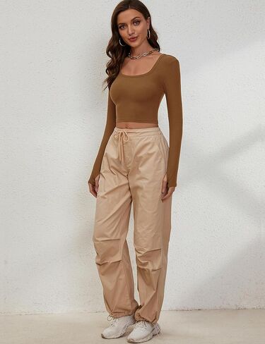 تي شيرت نسائي من Rapbin برقبة سكوب وأكمام طويلة مضلعة تي شيرت أساسي ضيق مناسب Y2k محبوك تي شيرت مع فتحة الإبهام in Kuwait