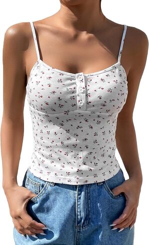 GORGLITTER Women's Ditsy Floral Cami Crop Top Sleeveless Spaghetti Strap Button Rib Knit Going Out T Shirt in Saudi Arabia