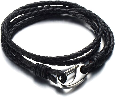 COOLSTEELANDBEYOND Triple-row Black Braided Leather Bracelet for Men for Wrap Bracelet with Steel Claw Clasp in Saudi Arabia