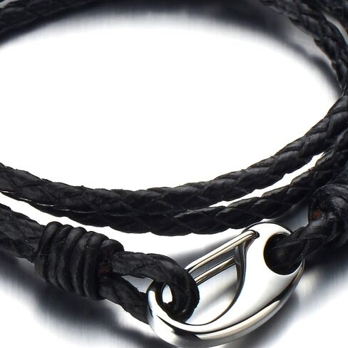 COOLSTEELANDBEYOND Triple-row Black Braided Leather Bracelet for Men for Wrap Bracelet with Steel Claw Clasp in Saudi Arabia