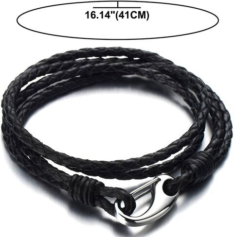 COOLSTEELANDBEYOND Triple-row Black Braided Leather Bracelet for Men for Wrap Bracelet with Steel Claw Clasp in Saudi Arabia