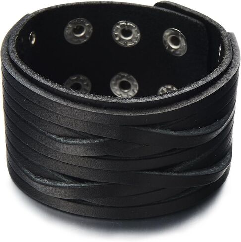 COOLSTEELANDBEYOND Mens Wide Leather Bracelet Multi-strand Black Genuine Leather with Snap Buttons in Saudi Arabia