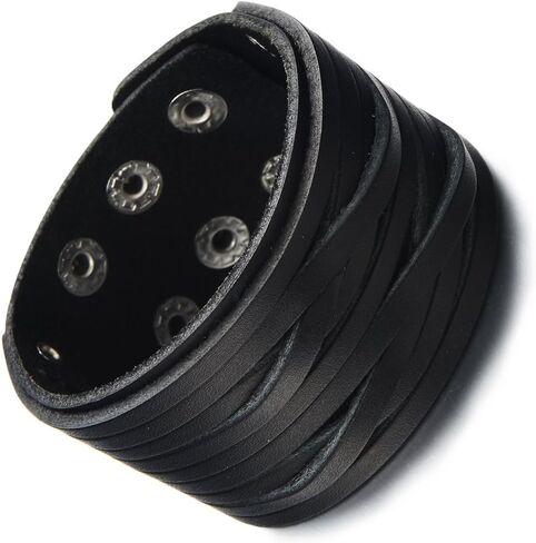 COOLSTEELANDBEYOND Mens Wide Leather Bracelet Multi-strand Black Genuine Leather with Snap Buttons in Saudi Arabia