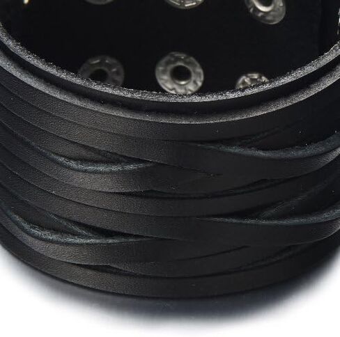 COOLSTEELANDBEYOND Mens Wide Leather Bracelet Multi-strand Black Genuine Leather with Snap Buttons in Saudi Arabia